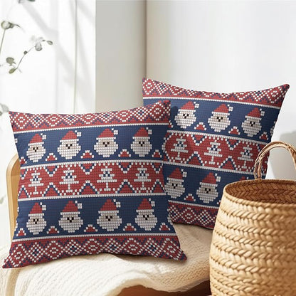 Dark Blue Red Christmas Pillow Covers 18x18 Set of 2 Xmas Santa Tree Pattern Rustic Decorative Outdoor Farmhouse Pillowcases Decorations Winter Holiday Throw Cushion Cover Decor for Couch Sofa Bed