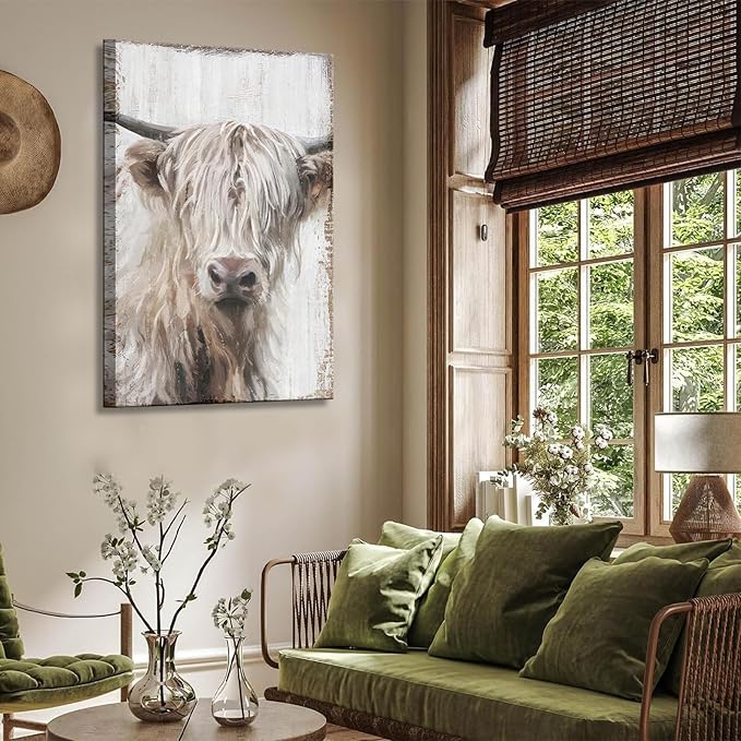 1Pcs Highland Cow Wall Art Farmhouse Cow Canvas Wall Decor Picture White Wildlife Painting Vintage Highland Cattle Print Artwork for Living Room Office Kitchen Bathroom Home Decoration 16x24IN
