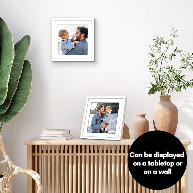 Americanflat 10x10 Picture Frame with Shatter-Resistant Glass - Use as 8x8 Frame with Mat or Display 10x10 Photo Without Mat - Streamline Collection - Square Frames for Tabletop or Wall - White