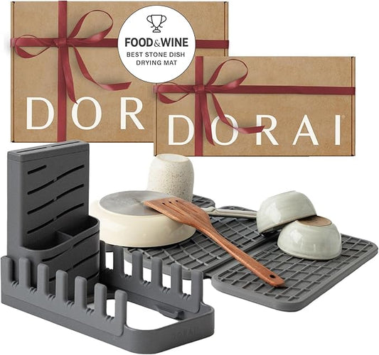Dorai Home Collapsible Dish Drying Rack and Stone Pad – Foldable Drying Rack with Instant-Dry Stone Mat – Space-Saving Collapsible Drainer for Kitchen Counter - 19.9" x 15.2" (Slate)