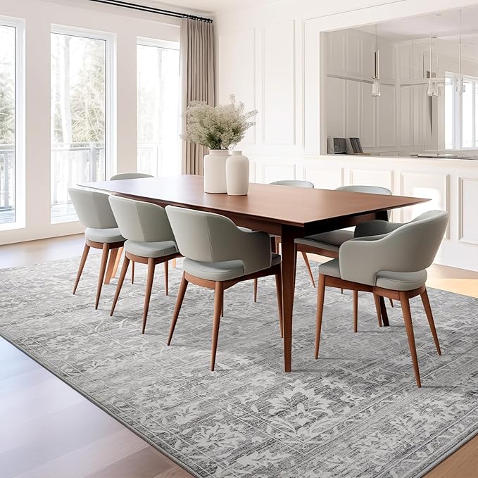8x10 Area Rugs for Living Room, Stain Resistant Washable Rugs for Dining Room, Kitchen, Floral Vintage Non-Slip Thin Gray Large Area Rug(Grey, 8'x10')