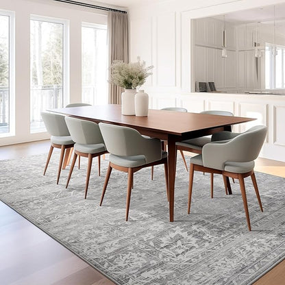 8x10 Area Rugs for Living Room, Stain Resistant Washable Rugs for Dining Room, Kitchen, Floral Vintage Non-Slip Thin Gray Large Area Rug(Grey, 8'x10')