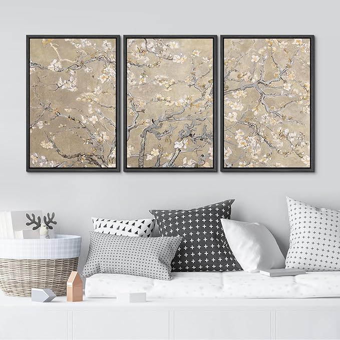 MUDECOR Framed Canvas Print Wall Art Blossoming Branches Vintage Floral Illustrations Realism Decorative for Living Room, Bedroom, Office - 16"x24"x3 Black