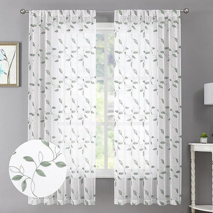 Tollpiz Sage Green Leaf Sheer Curtain Leaves Embroidered Bedroom Curtains Rod Pocket Voile Window Treatments for Living Room, 38 x 63 inches Long, Set of 2 Panels