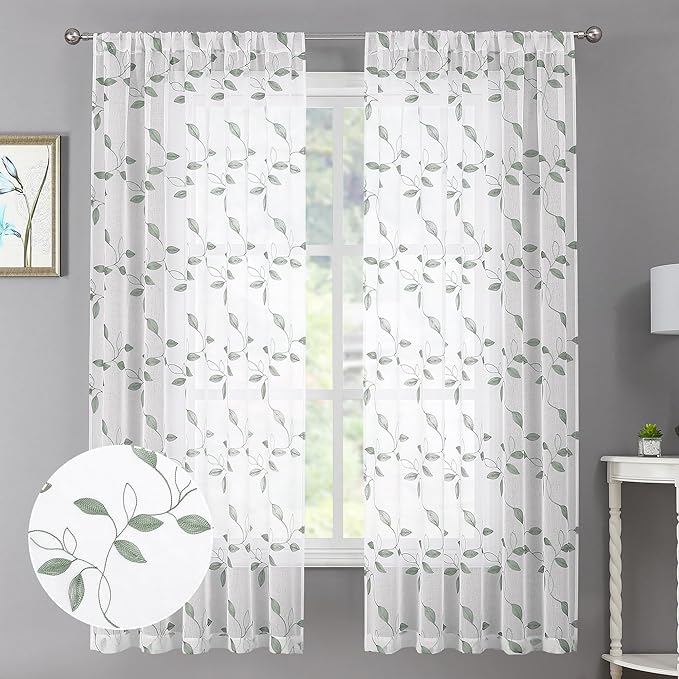 Tollpiz Sage Green Leaf Sheer Curtain Leaves Embroidered Bedroom Short Curtains Rod Pocket Voile Window Treatments for Living Room, 38 x 45 inches Long, Set of 2 Panels