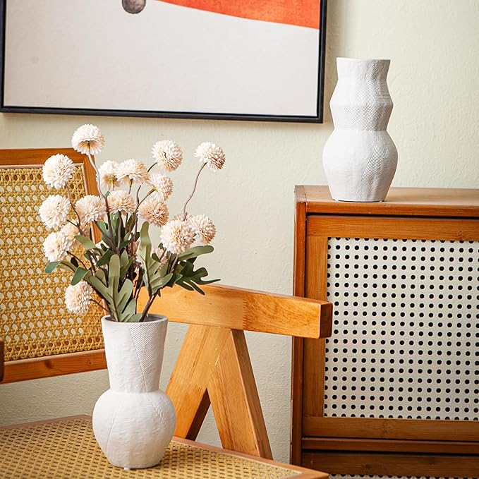White Textured Ceramic Vase Set of 3 – Modern Decorative Pottery Vases for Boho and Farmhouse Home Decor, Minimalist Flower Vases for Living Room, Shelf, Mantel or Table Display