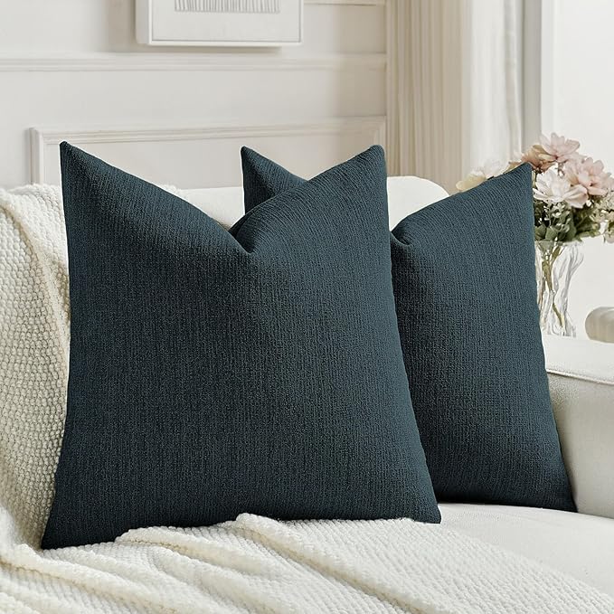 FUTEI Navy Blue Chenille Decorative Throw Pillow Covers 22x22 Inch Set of 2,Soft Cozy Faux Linen Textured Cushion Case,Farmhouse Home Decor for Couch Living Room