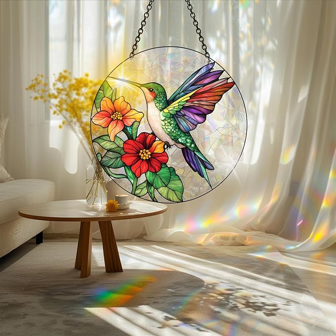 Bimkole Hummingbird Sun Catchers Indoor Window - Flowers Acrylic Suncatcher Hanging Decoration for Living Room Bedroom Summer Home Balcony Outdoor Garden Ornaments Decoration 7.8x7.8 Inch