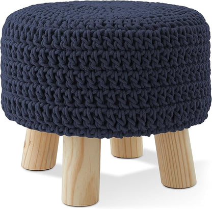 Casafield Pouf Ottoman Footstool, 13" Round x 11" High, Hand-Knitted Cotton Footrest, Non-Skid Wood Legs, Boho Foot Stool for Living Room, Bedroom (Navy Blue)