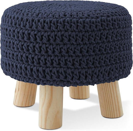 Casafield Pouf Ottoman Footstool, 13" Round x 11" High, Hand-Knitted Cotton Footrest, Non-Skid Wood Legs, Boho Foot Stool for Living Room, Bedroom (Navy Blue)