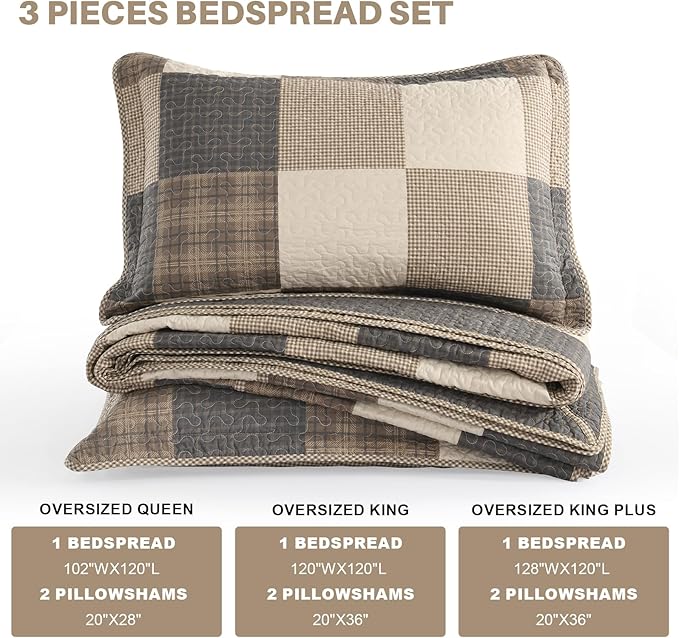 Oversized King Bedspread Quilt 120" x 120", 100% Cotton Lightweight Quilted Bed Spreads Coverlet Set Farmhouse Bedding Cover, 3 Piece, Charcoal/Beige/Browm