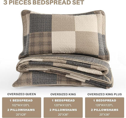 Oversized King Bedspread Quilt 128" x 120" Extra Wide, 100% Cotton Lightweight Quilted Bed Spreads Coverlet Set Farmhouse Bedding Cover, 3 Piece, Charcoal/Beige/Browm