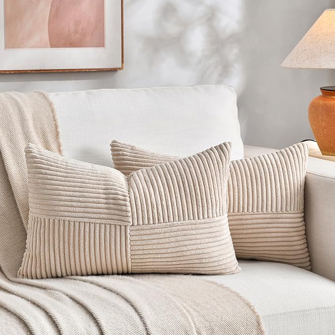 Fancy Homi 2 Packs Tan Lumbar Decorative Throw Pillow Covers 14x22 Inch for Living Room Couch Bed Sofa, Boho Home Decor, Soft Striped Corduroy Rectangle Accent Beige Cushion Case 35x55 cm