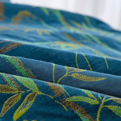 100% Cotton Muslin Jacquard 3 Piece Quilt Set Botanical Bamboo Leaf Print, Soft 3 Layers Gauze Bed Cover Reversible Bedspread Coverlet Breathable Lightweight Bedding Set, Queen