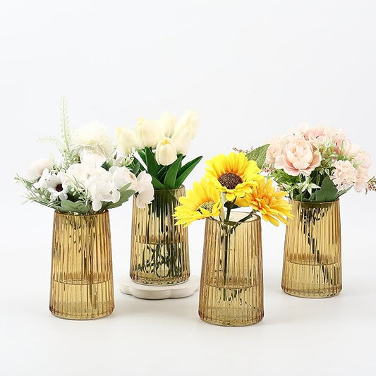 Amber Glass Vases Set of 4, Small Vases for Flowers, Flower Vase for Bouquet, Modern Ribbed Glass Vase for Living Room, Bedroom, Dining Table, Office, Wedding, Centerpieces
