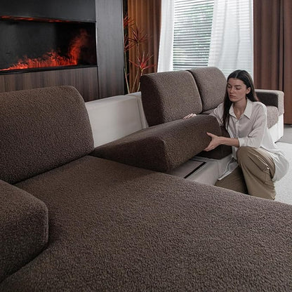 Couch Cushion Covers for Sectional Sofa, Stretch Soft Sofa Slipcovers Washable Wear-Resistant Universal Furniture Protector for Living Room(3 Seaters Covers+1 Chaise Cover, Brown)