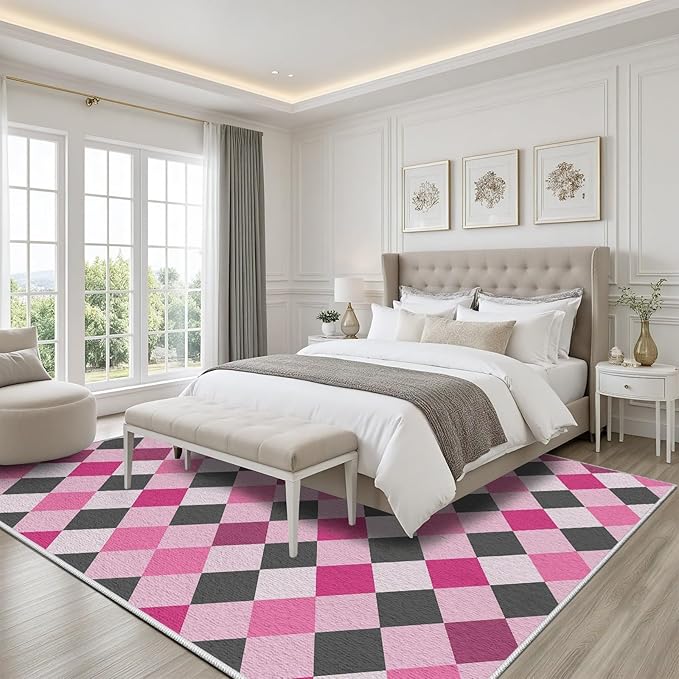 Diamond Checkered Rug 7x9, Soft Ultra Soft Faux Wool Abstract Geometric Rugs, Indoor Floor Mats Carpet, Non Slip&Non-Shedding Low Pile Washable Rugs, Modern Red Rug for Bedroom
