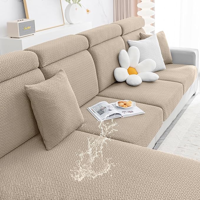 Smiry Waterproof Couch Cushion Covers, Stretch Jacquard Thick Sofa Cushion Covers, Washable Seat Slipcover Elastic Furniture Protector for Pets, Kid (3PC, Camel)