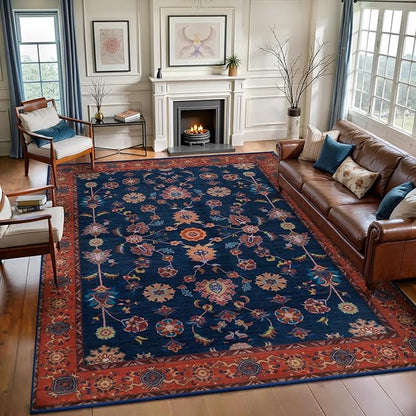 Tangsoo 8x10 Large Area Rug for Living Room,Non Slip Machine Washable Rug for Bedroom, Boho Distressed Vintage Red Blue Floral Rugs, Soft Low Pile Floor Carpet for Dining Room Office Kitchen Farmhouse