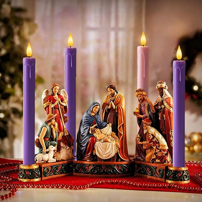 Homemory Flameless Advent Candles, Set of 4, Battery-Operated Flickering LED Candlesticks, Flameless Taper Candles with Remote Timer - 3 Purple, 1 Pink for Christmas Wreath