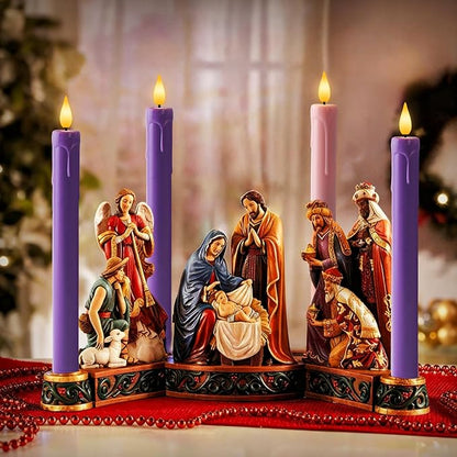 Homemory Flameless Advent Candles, Set of 4, Battery-Operated Flickering LED Candlesticks, Flameless Taper Candles with Remote Timer - 3 Purple, 1 Pink for Christmas Wreath