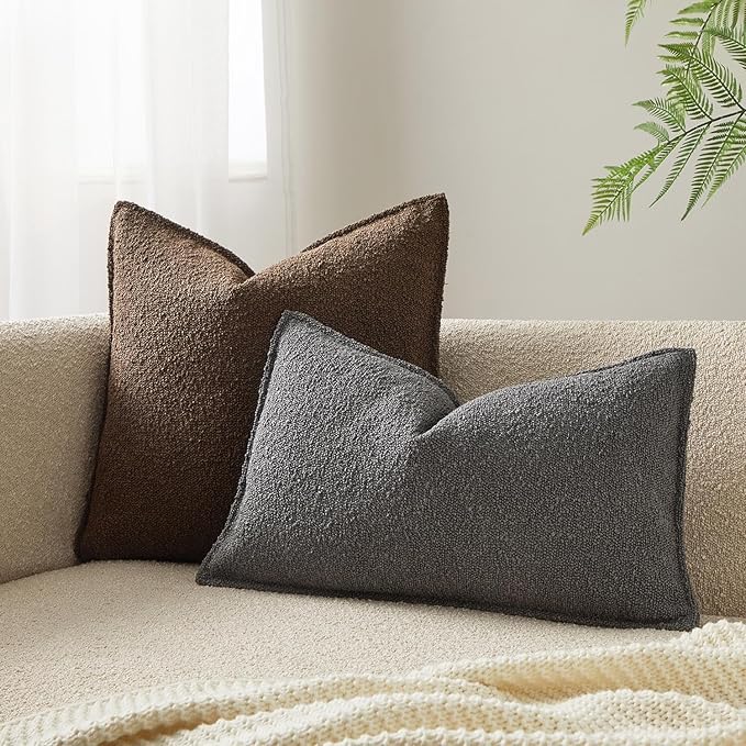 JUSPURBET 12x20 Pillow Covers Set of 2 Decorative Throw Pillow Covers Case for Couch Sofa Bed Soft Boucle Textured Lumbar Cushion Covers with Hidden Zipper for Home Decor Living Room,Dark Grey