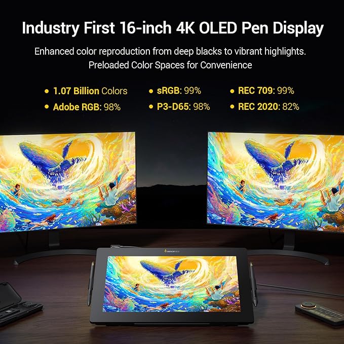 Xencelabs Pen Display 16 Bundle with Quick Keys, 16" 4K OLED Portable Drawing Tablet with Screen Graphic Design Display with 2 Battery-Free Pens for Win/Win-ARM/macOS/Linux, Black