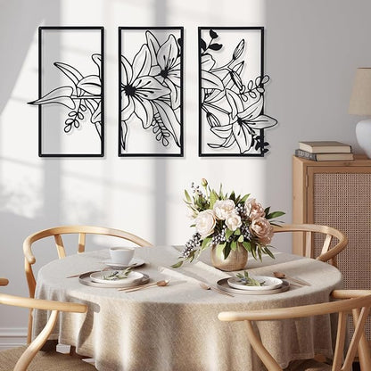 Therwen 3 Pcs Black Metal Wall Art Minimalist Wall Decor for Bedroom Flowers Decor Hanging Flower Bathroom Art Flower Line Sculpture Kitchen Decoration 16.5 x 9.8 Inch(Classic Style)