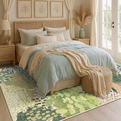 DEXDE Washable Area Rugs 6x9 for Living Room, Floral Large Rug Boho Print Vintage Low Pile Non Slip Carpet for Bedroom Kids Room Nursery Office Dinning Room,Green