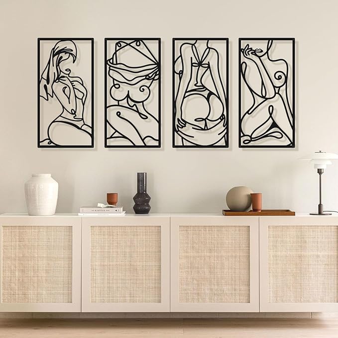 Bakovity Black Metal Bathroom Wall Decor Minimalist Line Art Wall Decor Black Abstract Modern Wall Art for Bathroom Living Room Bedroom (4 Pcs,17 x 9 in)
