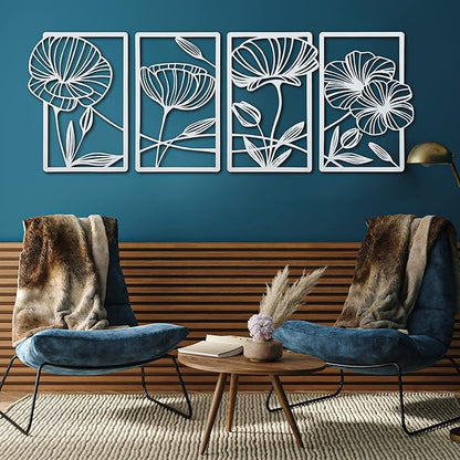 Cunno 4 Pcs Metal Wall Art 16.5 x 11.8'' Line Art Wall Decor Floral Minimalist Decor Hanging Flower Aesthetic Modern for Living Room Bedroom Bathroom Kitchen Decoration(White)