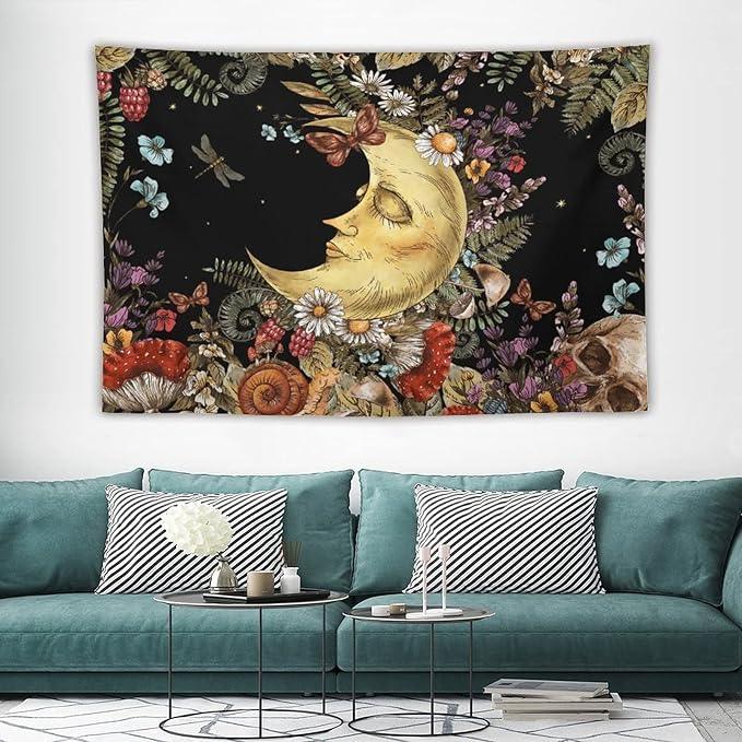 Boho Moon Tapestry Wall Hanging,Vintage Sun and Moon Skull Hippie Mushroom Floral Plant Tapestries for Dorm Living Room Bedroom Decor(40"x60")