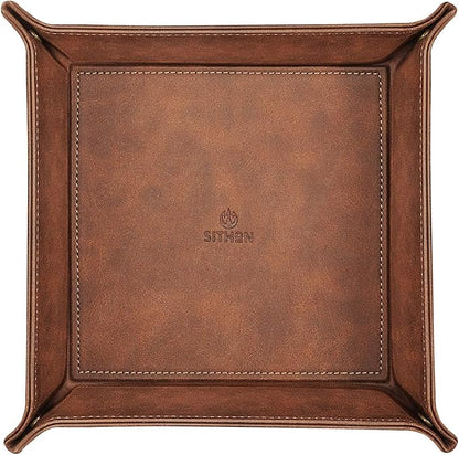 SITHON Valet Tray Desktop Storage Organizer – Premium PU Leather Catchall Bedside Vanity Tray Nightstand Caddy Holder for Remote Controller, Keys, Phone, Wallet, Coin, Jewelry, Brown