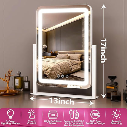 Hollywood Vanity Mirror with Lights, 17" L x 13" W LED Lighted Makeup Mirror, Dimmable & Three Color Lighting Modes, 10X Magnification Mirror, CRI>95% HD, 20W High Brightness (96 LED)
