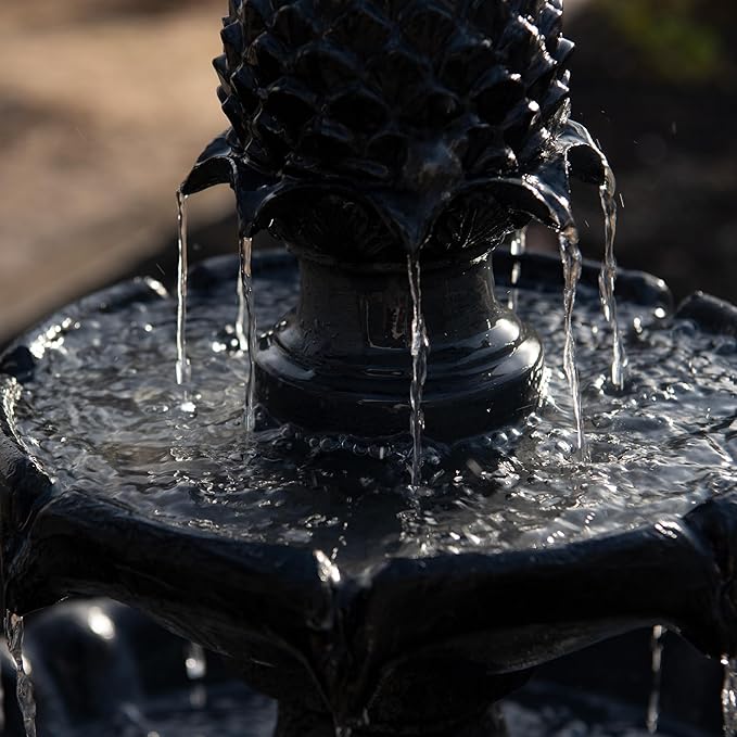 XBrand 44" H Black Fiberglass/Resin 2-Tier Solar Water Fountain with Auto-Shut Off Pump, Tall Outdoor Fountain, Two Tiered Birdbath