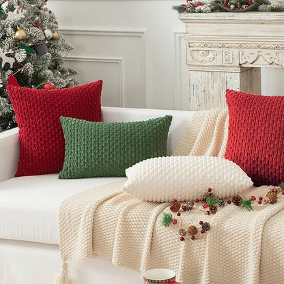 Kevin Textile Christmas Throw Pillow Covers Soft Corduroy Decorative Set of 2 Boho Striped Pillow Covers Pillowcases Farmhouse Home Decor for Couch Bed Sofa Living Room 18x18 Inch Red