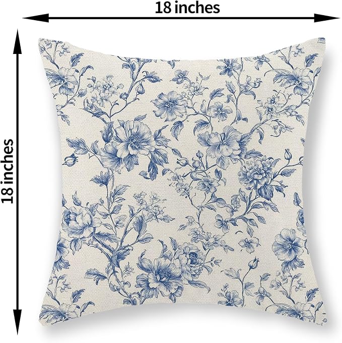 Blue Pillow Covers 18x18 Set of 2 Blue and Cream Floral Chinoiserie Throw Pillows Vintage Rustic Toile Flower Decorative Pillow Cases Outdoor Chinoiserie Decor Cushion Case for Couch Bed Sofa