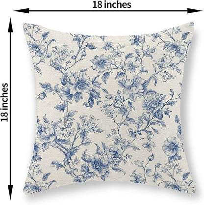 Blue Pillow Covers 18x18 Set of 2 Blue and Cream Floral Chinoiserie Throw Pillows Vintage Rustic Toile Flower Decorative Pillow Cases Outdoor Chinoiserie Decor Cushion Case for Couch Bed Sofa