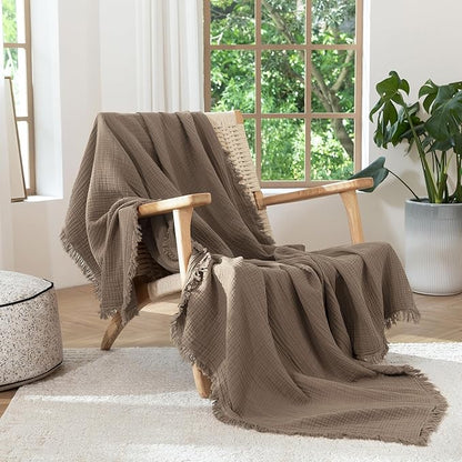 MooMee Muslin Blanket - 100% Cotton 4-Layer Gauze Throw Blanket with Tassels Ultra-Soft Breathable Lightweight Cooling for Bed Couch (Brown,Super King 108" x 98")