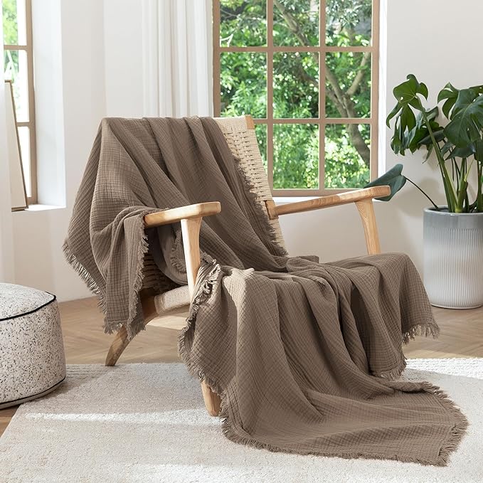 MooMee Muslin Blanket - 100% Cotton 4-Layer Gauze Throw Blanket with All-Around Fringe Ultra-Soft Breathable Lightweight Cooling for Bed Couch (Brown,Twin XL 66" x 90")