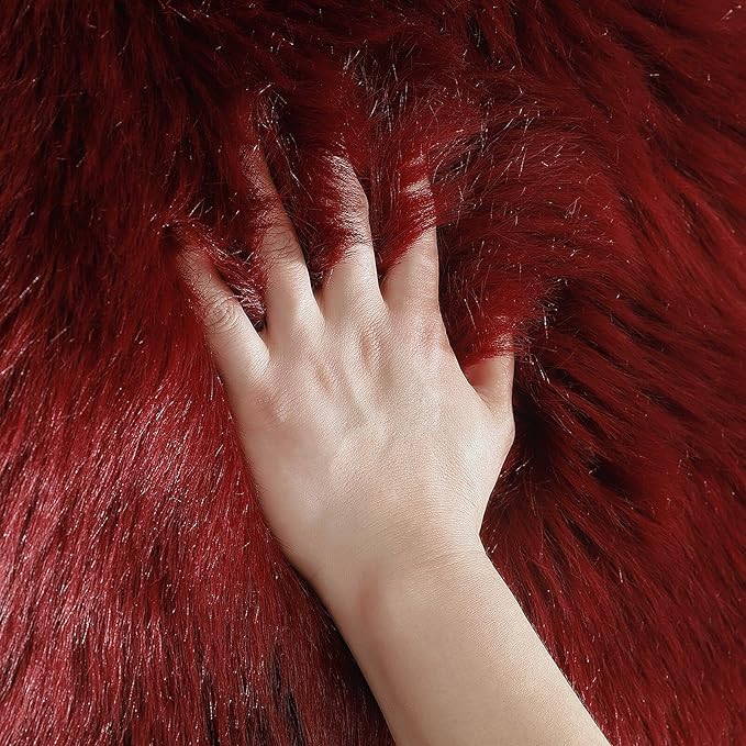 Faux Fur Rug Sheepskin Shag Fluffy Fuzzy Red 3x3 ft Rugs for Bedroom Bedside Bed Floor Living Room Plush Round High-Density Cushion Carpet Super Sofa Cover