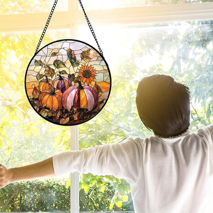 DASTOLL Stained Glass Window Hanging, Pumpkin Sunflower Suncatcher Diamond Glass Panel Sun Catchers Decor for Birthday for Women, Men, Wife, Aunt, and Mom 6.3 in