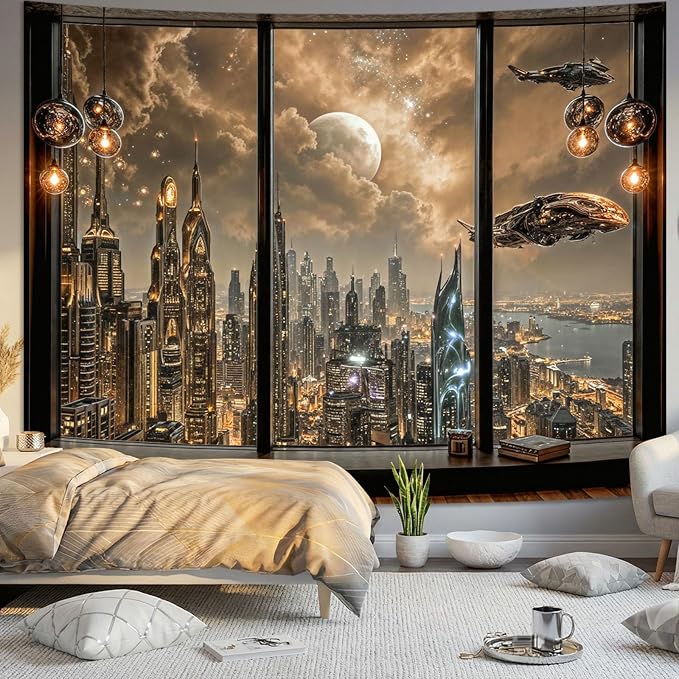 Lifeel Cyberpunk City Tapestry, Future Skyline Aesthetic Window Tapestries for Home Decor Game Room Bedroom Living Room, 60x80 inches