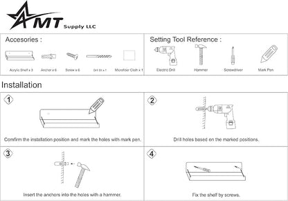AMT 4 Pack Acrylic Floating Shelves, 15" L x 1.6" W, Clear Bathroom Wall Shelf, Bookshelves, Invisible Display for Office, Bedroom, Small Gap Allows Water to Escape, Free Screws & Drill Bit (Small)