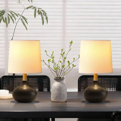 14" Ceramic Table Lamp Set of 2 with Natural Wood Stem & Linen Shade for Bedroom Decor,Modern Farmhouse Small Bedside Lamp for Nightstand, Living Room & Office (Black)