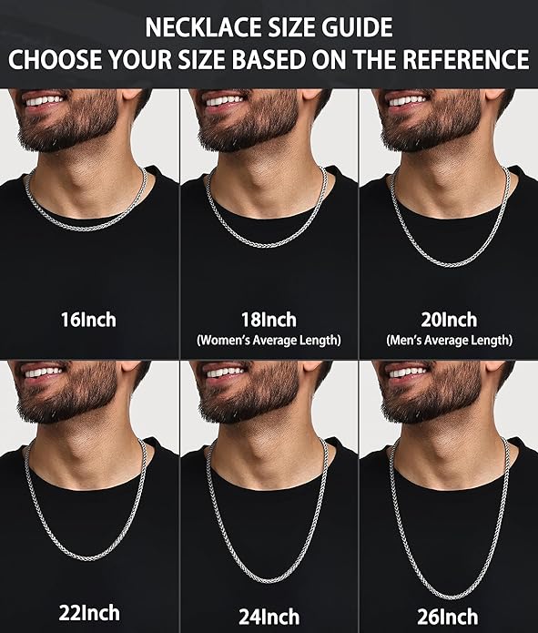 Jewlpire 4mm Wheat Chain Necklace for Men, Silver Tone/Black/14K Gold Plated Stainless Steel Necklace Chain, Mens Chains Necklaces 16 18 20 22 24 26 Inch