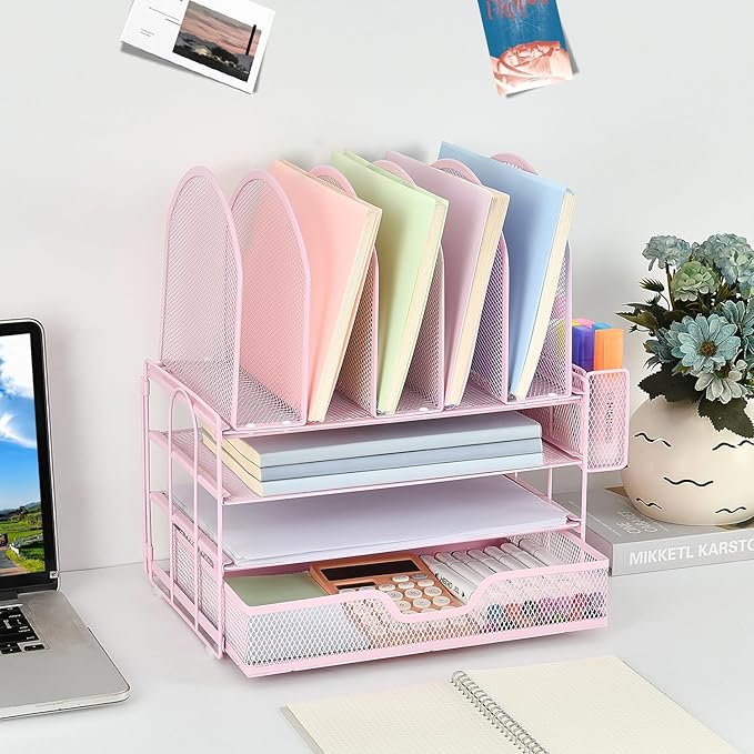 Desk Organizers and Accessories with Drawer, File Organizer with 5 Vertical File Holders and Pen Holders, Office Desk Accessories Workspace Desktop Organizers for Office Supplies (Pink)