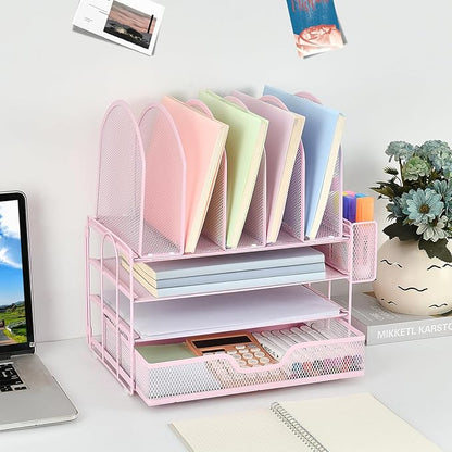 Desk Organizers and Accessories with Drawer, File Organizer with 5 Vertical File Holders and Pen Holders, Office Desk Accessories Workspace Desktop Organizers for Office Supplies (Pink)