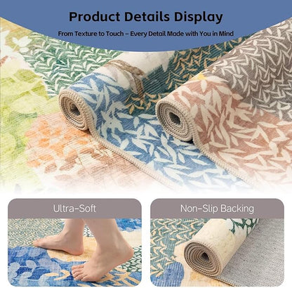 DEXDE Large Area Rugs 9x12 Living Room, Floral Washable Rug Boho Print Vintage Low Pile Non Slip Carpet for Bedroom Kids Room Nursery Office Dinning Room,Blue
