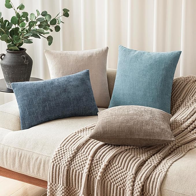 Foindtower Pack of 2 Textured Chenille Throw Decorative Pillow Covers Square Accent Solid Cushion Cover Neutral Farmhouse Pillow Case for Couch Sofa Bedroom Living Room 22x22 Inch,Light Blue